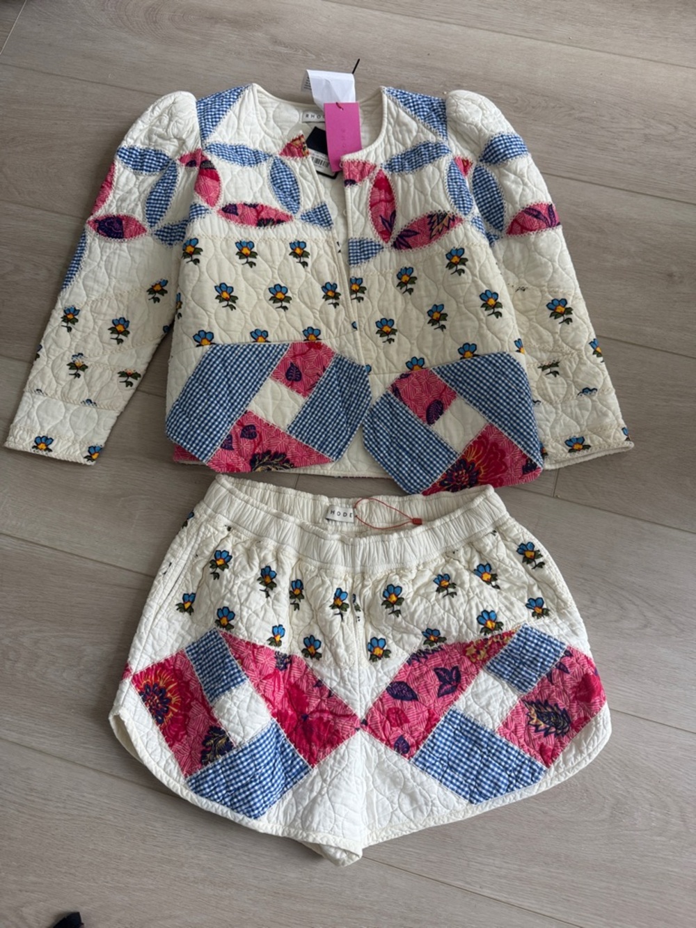 RHODE Cream Quilted Patchwork Jacket with Blue Gingham & Pink Floral